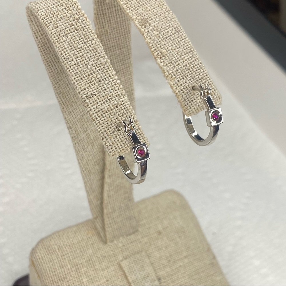 🔥Vintage Genuine Ruby Huggie - Sterling Silver Hoop Earrings